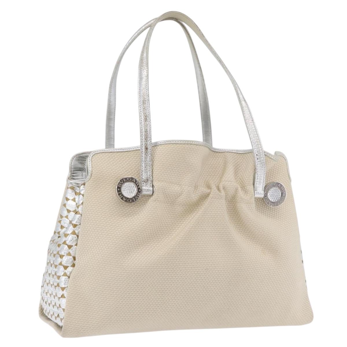 BVLGARI Hand Bag Canvas Beige Silver Auth ka4005