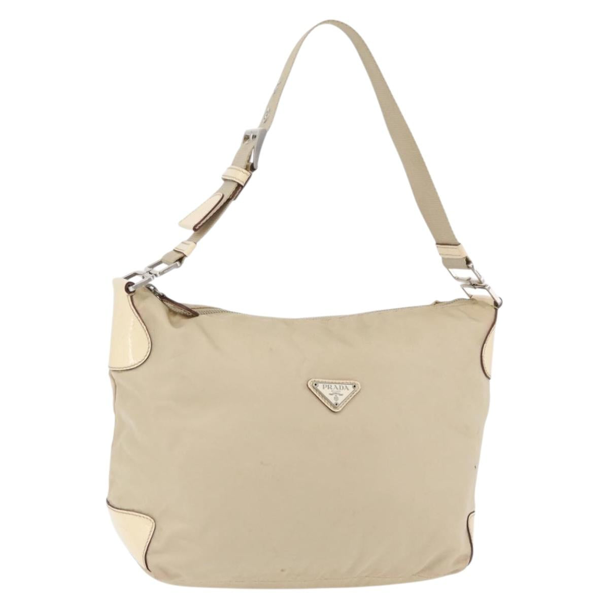 PRADA Shoulder Bag Nylon Beige Silver Auth ka4019
