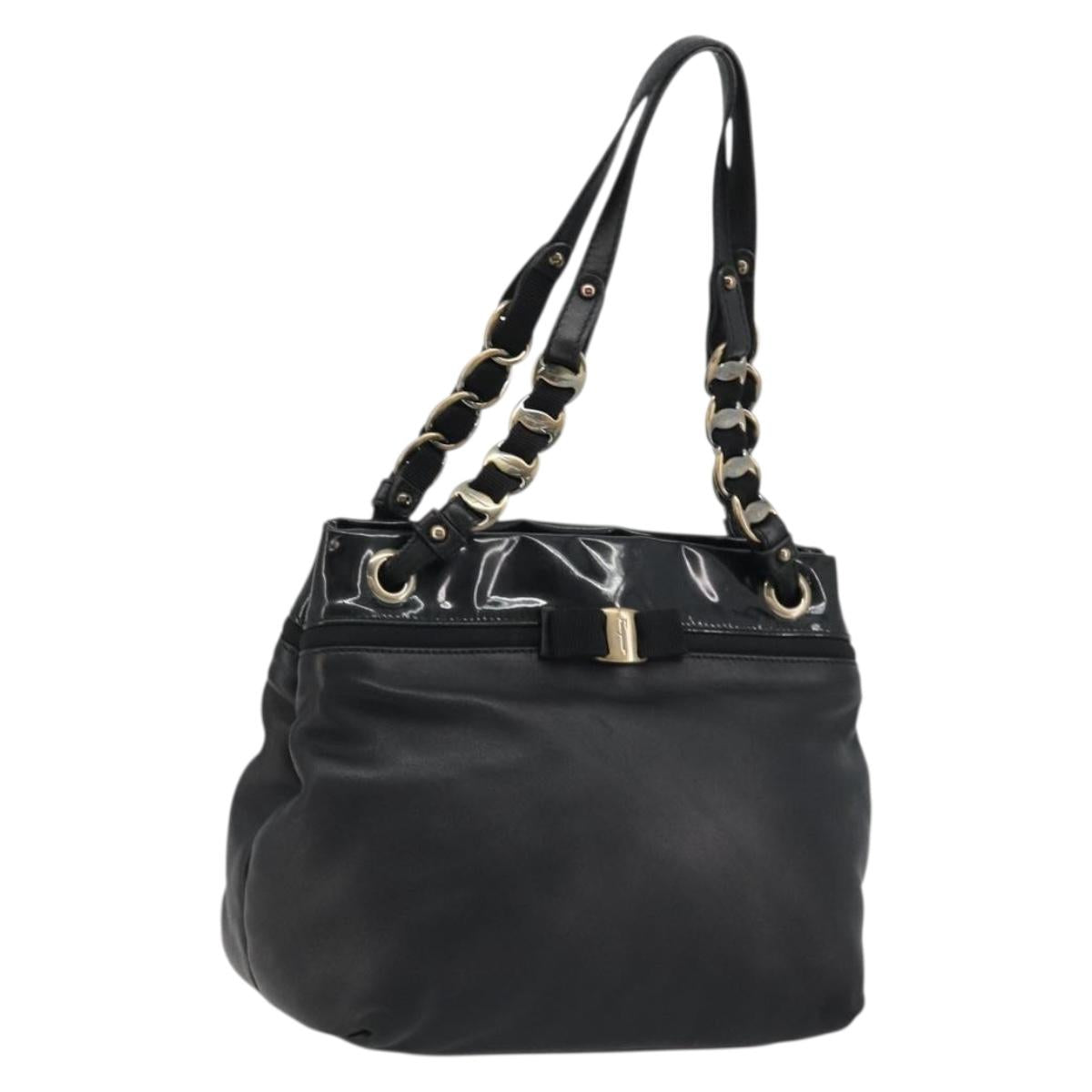 Salvatore Ferragamo Hand Bag Patent leather Black Gold Auth ka4036