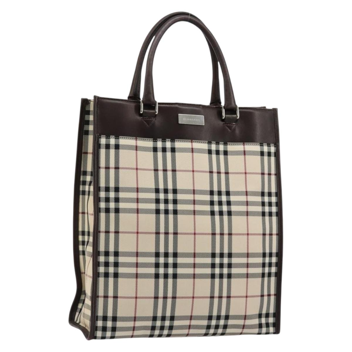 BURBERRY Nova Check Hand Bag Canvas Leather Beige Silver Auth ka4074A