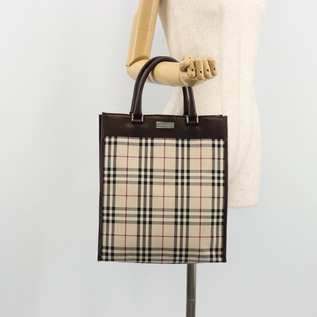 BURBERRY Nova Check Hand Bag Canvas Leather Beige Silver Auth ka4074A