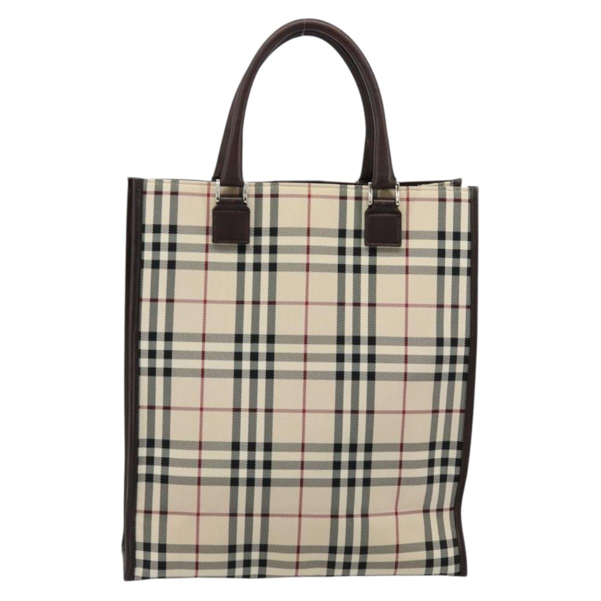 BURBERRY Nova Check Hand Bag Canvas Leather Beige Silver Auth ka4074A