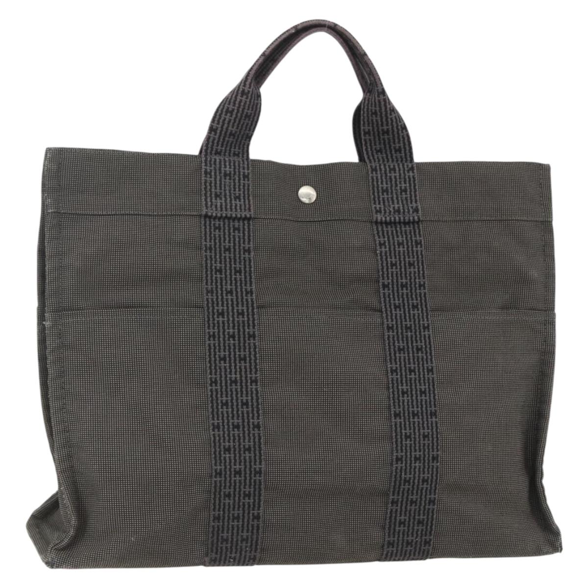 HERMES Her Line MM Hand Bag Canvas Gray Silver Auth ka409