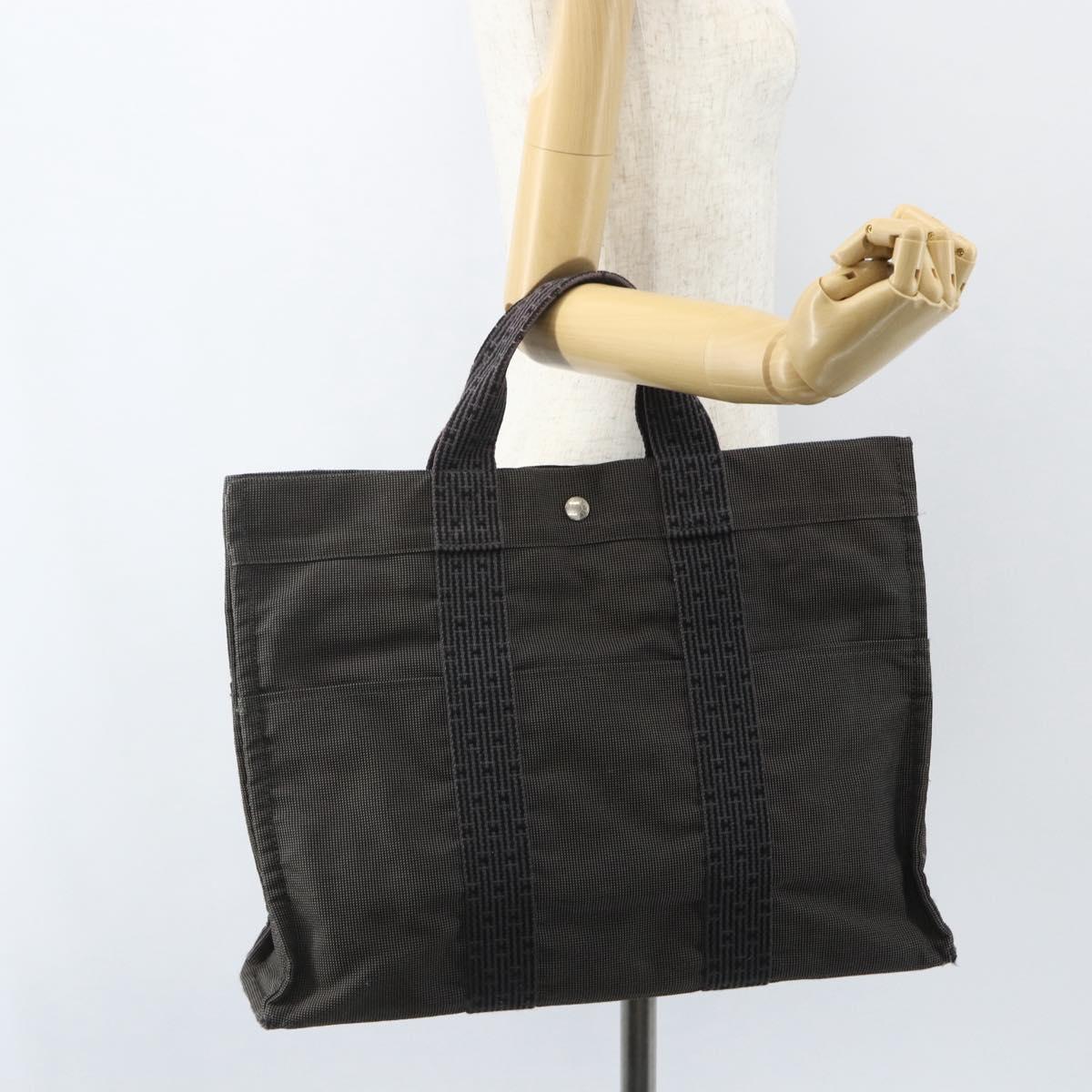 HERMES Her Line MM Hand Bag Canvas Gray Silver Auth ka409