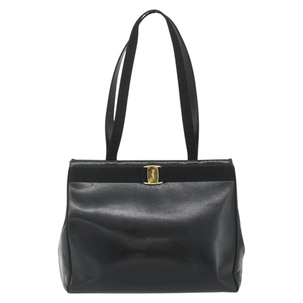 Salvatore Ferragamo Vala Tote Bag Leather Black Gold Auth ka4098