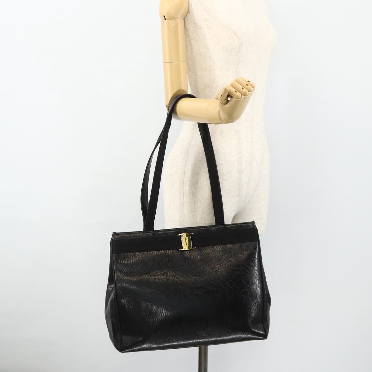Salvatore Ferragamo Vala Tote Bag Leather Black Gold Auth ka4098