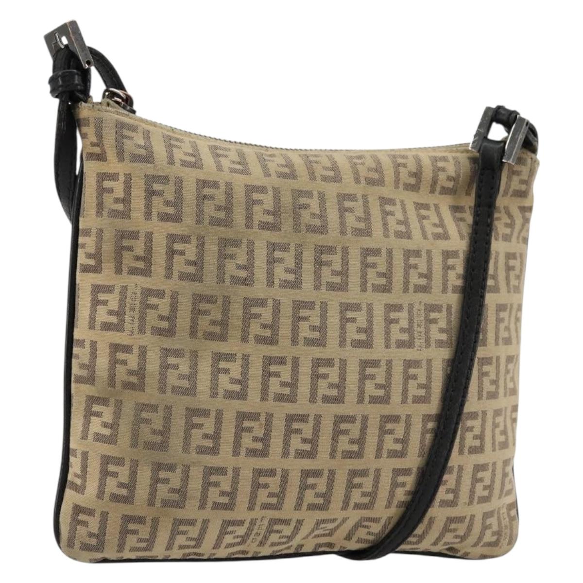 FENDI Zucchino Canvas Shoulder Bag Beige Silver Auth ka4113