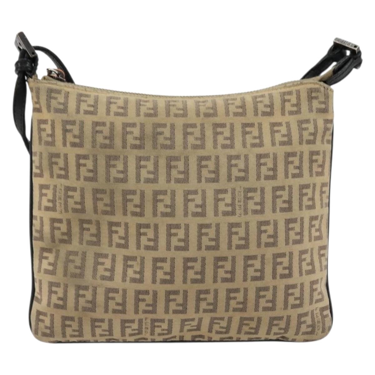 FENDI Zucchino Canvas Shoulder Bag Beige Silver Auth ka4113