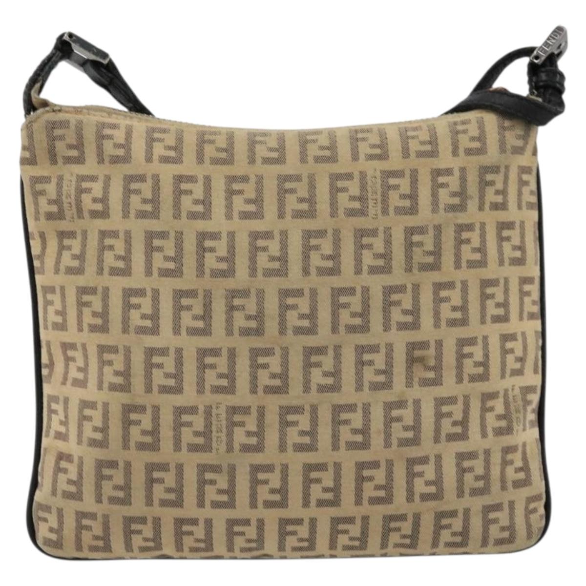 FENDI Zucchino Canvas Shoulder Bag Beige Silver Auth ka4113