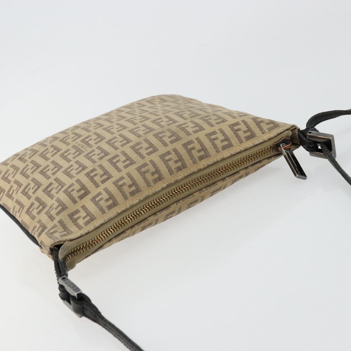 FENDI Zucchino Canvas Shoulder Bag Beige Silver Auth ka4113