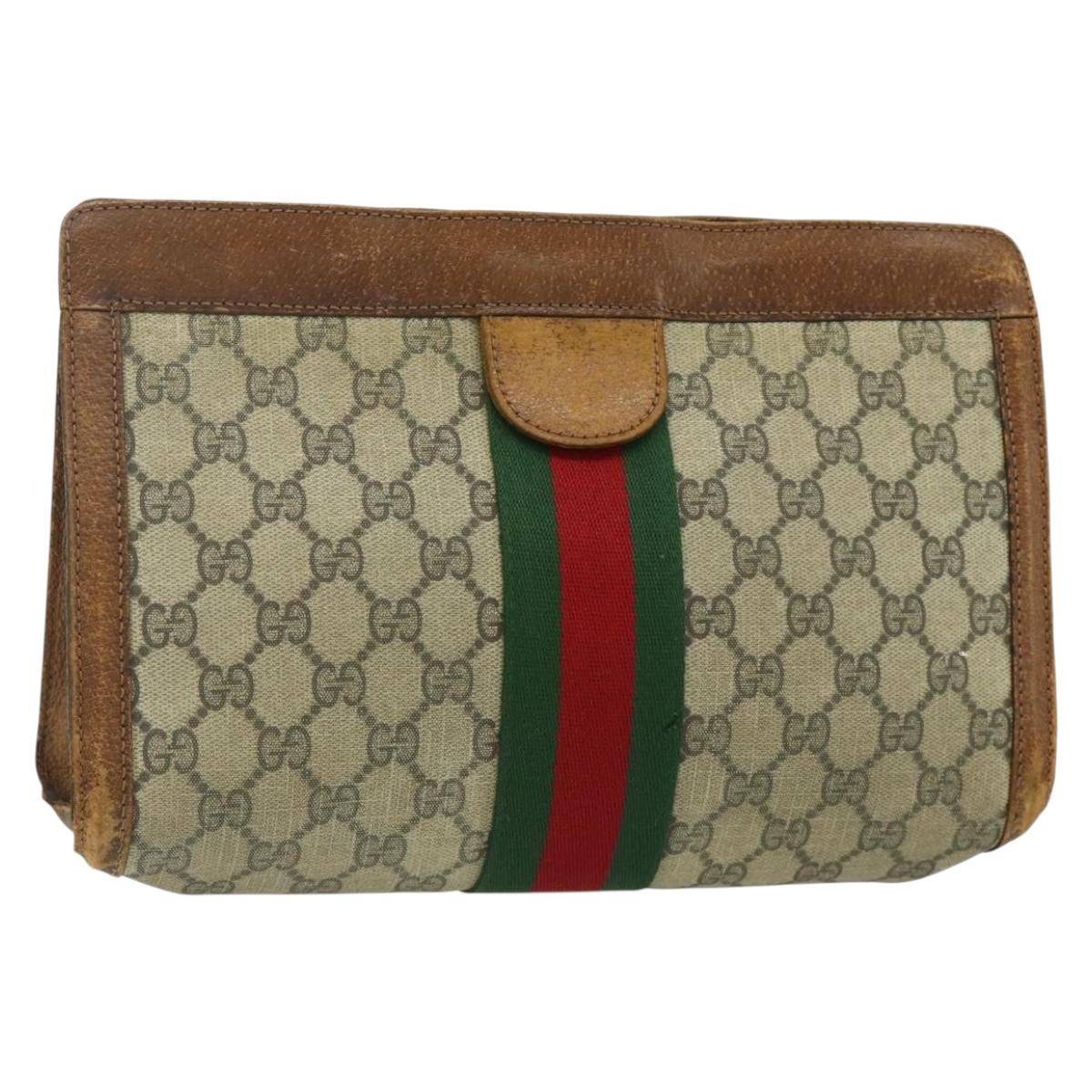 GUCCI GG Supreme Web Sherry Line Clutch Bag PVC Beige Red 422 39 012 Auth ka4114
