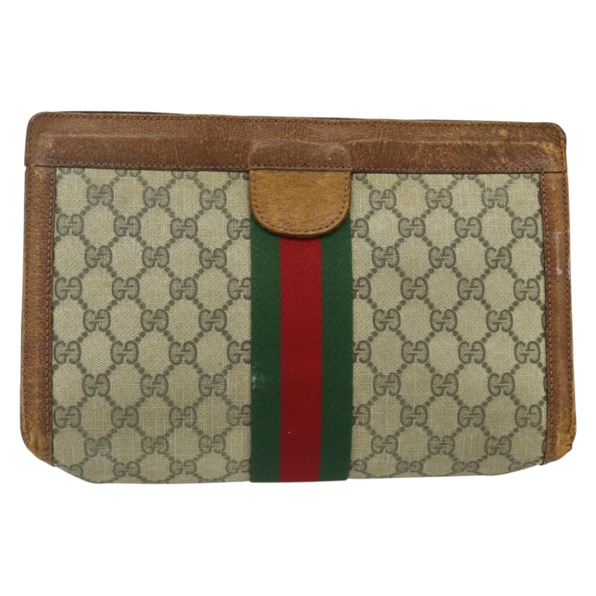 GUCCI GG Supreme Web Sherry Line Clutch Bag PVC Beige Red 422 39 012 Auth ka4114