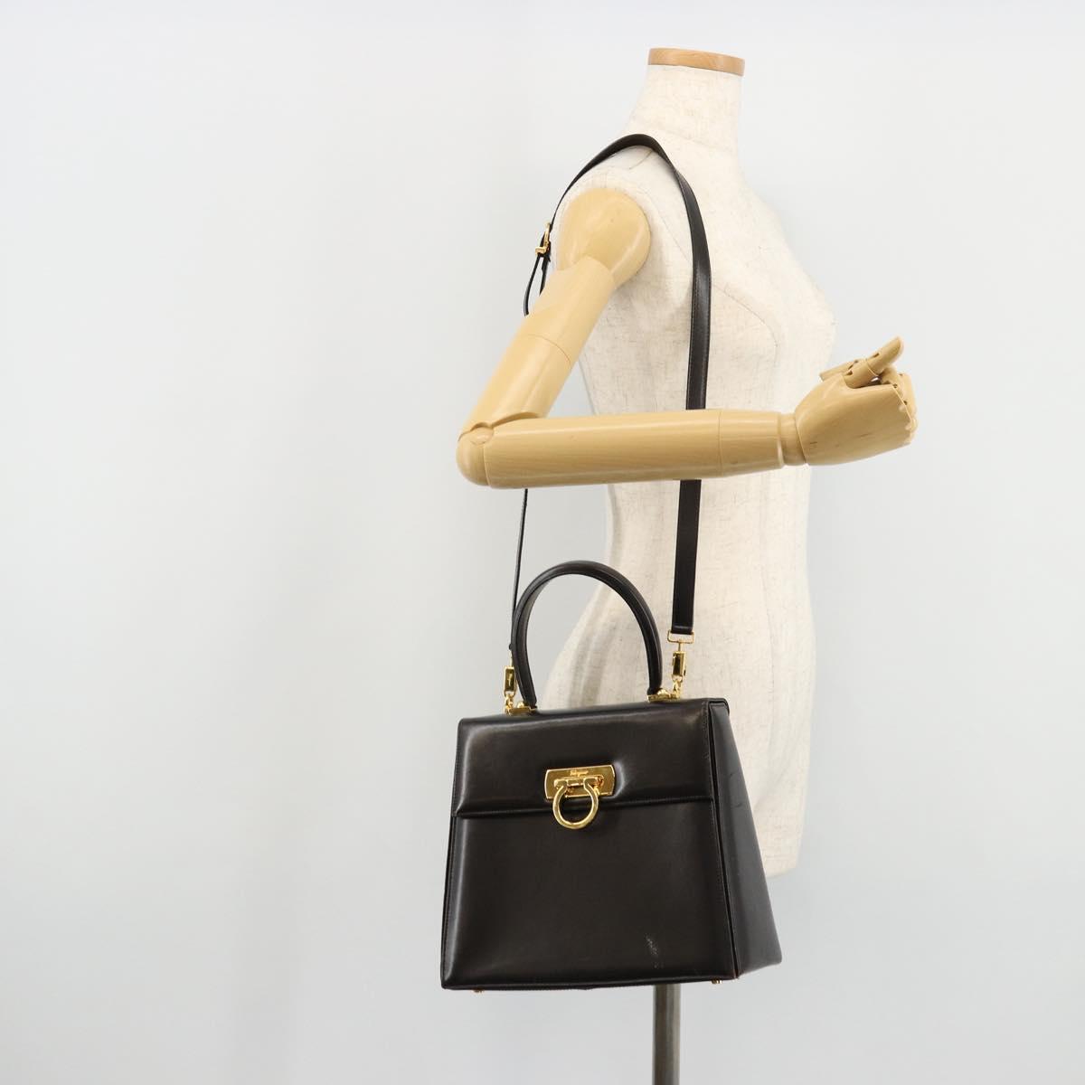 Salvatore Ferragamo Gancini Hand Bag Leather 2way Black Gold Auth ka4140