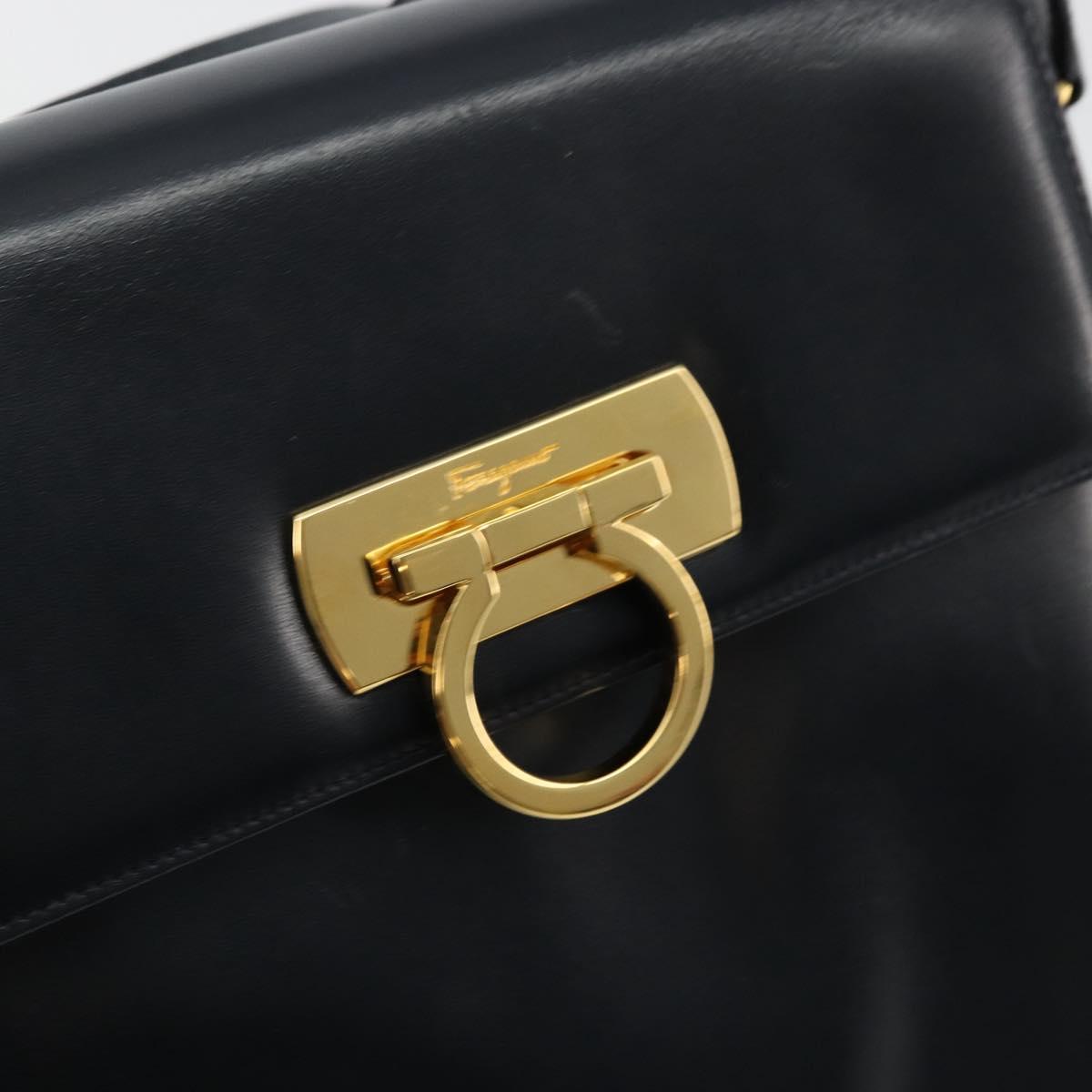 Salvatore Ferragamo Gancini Shoulder Bag Leather Navy Gold Auth ka4141