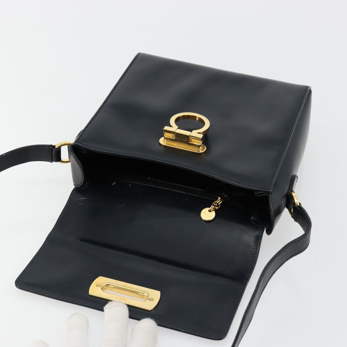 Salvatore Ferragamo Gancini Shoulder Bag Leather Navy Gold Auth ka4141