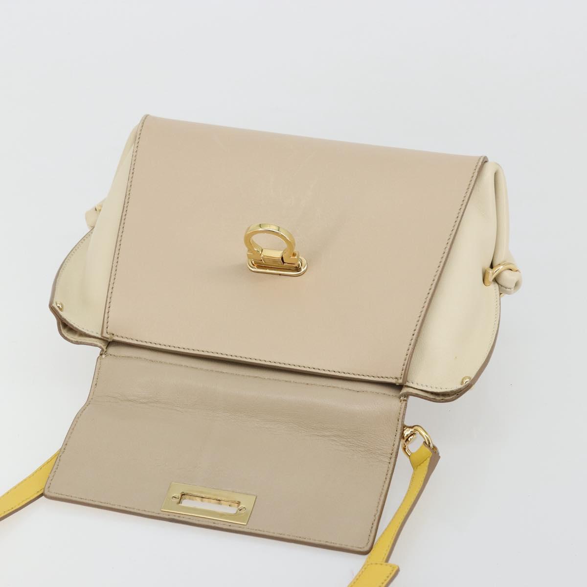 Salvatore Ferragamo Gancini Hand Bag Leather 2way Beige Yellow Auth ka4143A