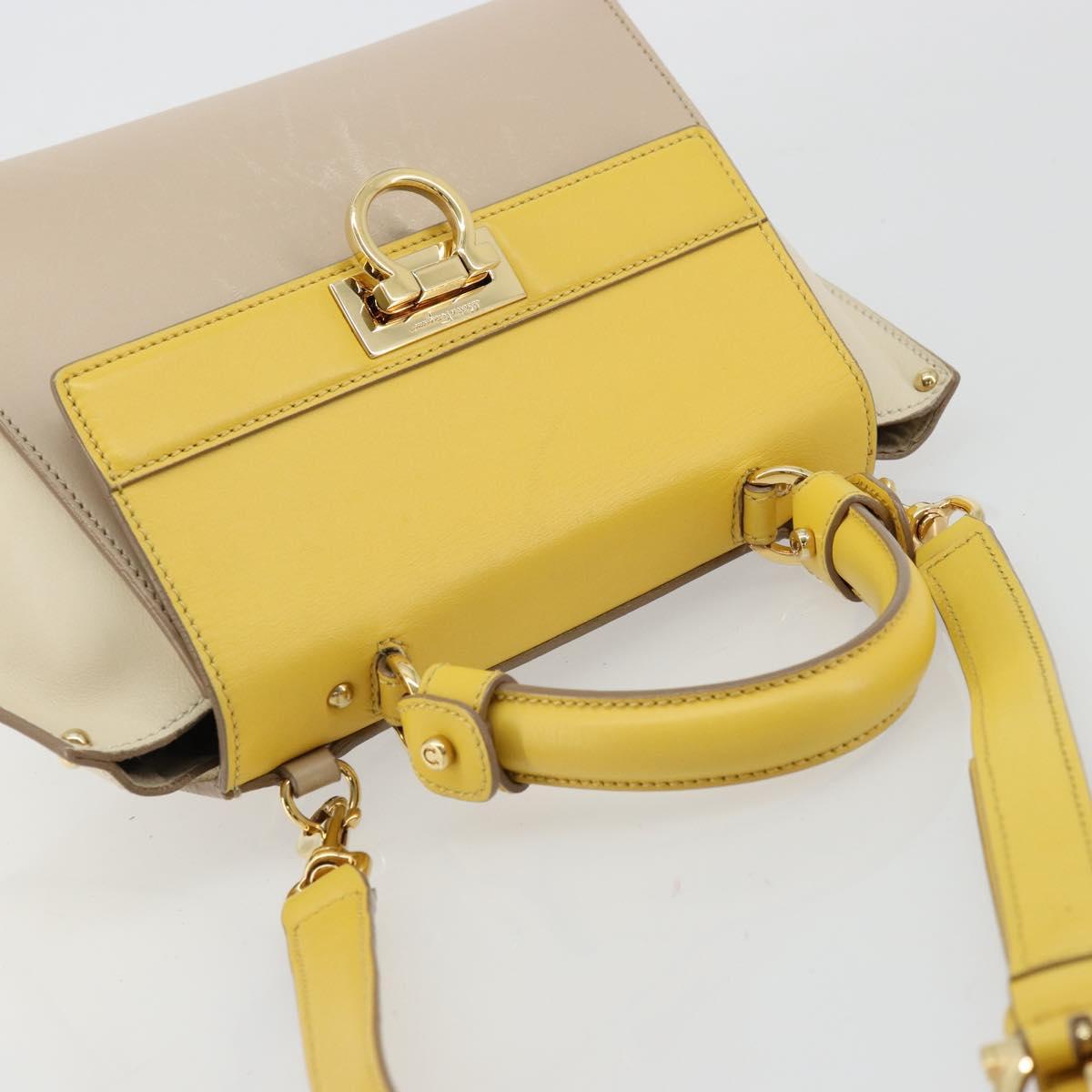 Salvatore Ferragamo Gancini Hand Bag Leather 2way Beige Yellow Auth ka4143A