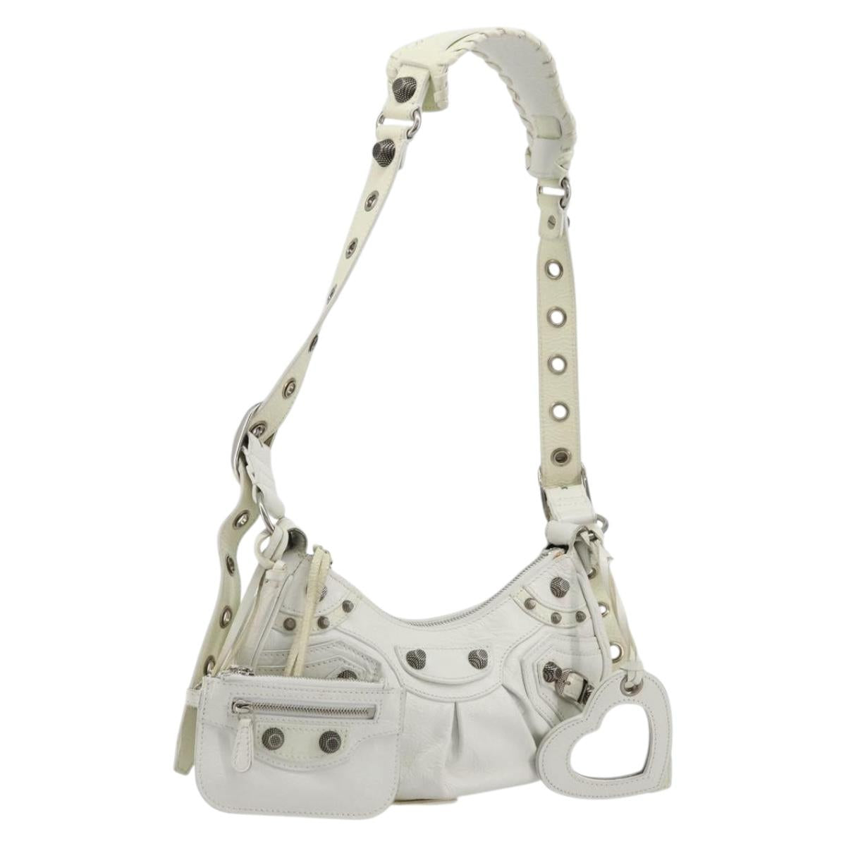 BALENCIAGA Luca Goal Shoulder Bag Leather White Silver 671309 Auth ka4167SAM