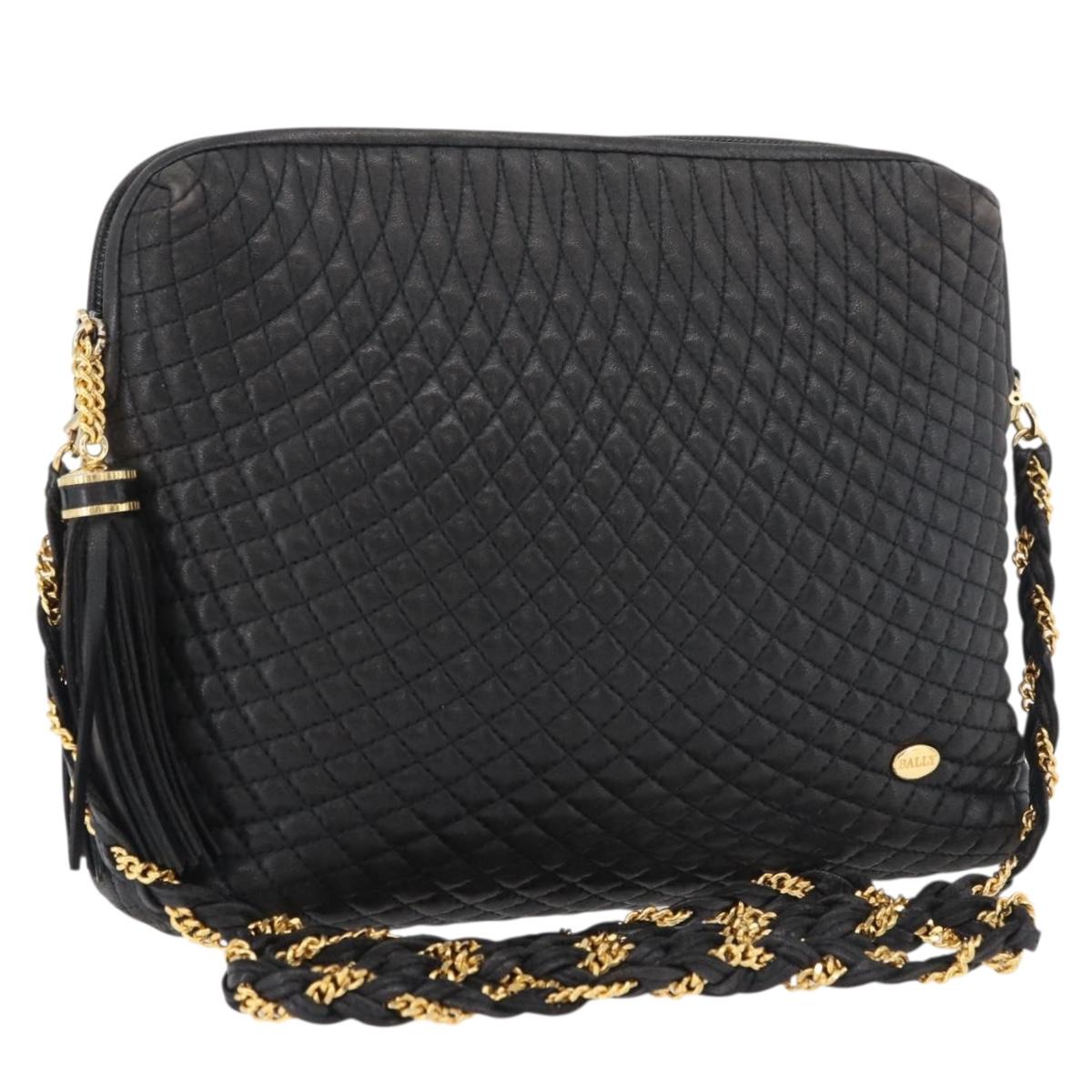 BALLY Chain Shoulder Bag Leather Black Gold Auth ka4169A