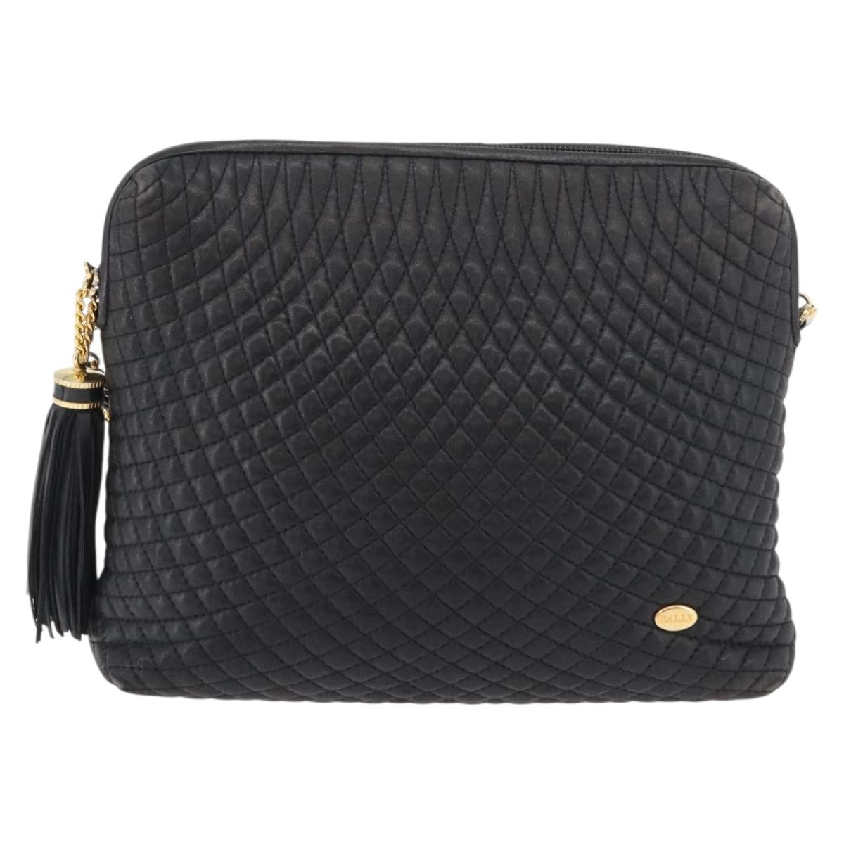 BALLY Chain Shoulder Bag Leather Black Gold Auth ka4169A