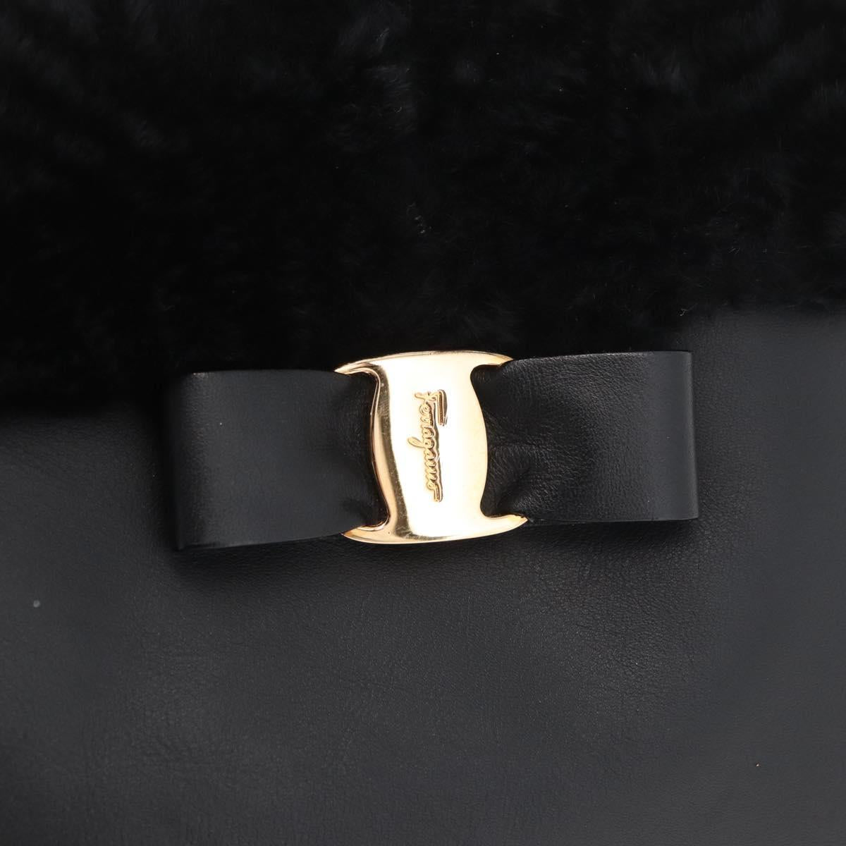 Salvatore Ferragamo Vala Hand Bag Leather Black Gold Auth ka4181A