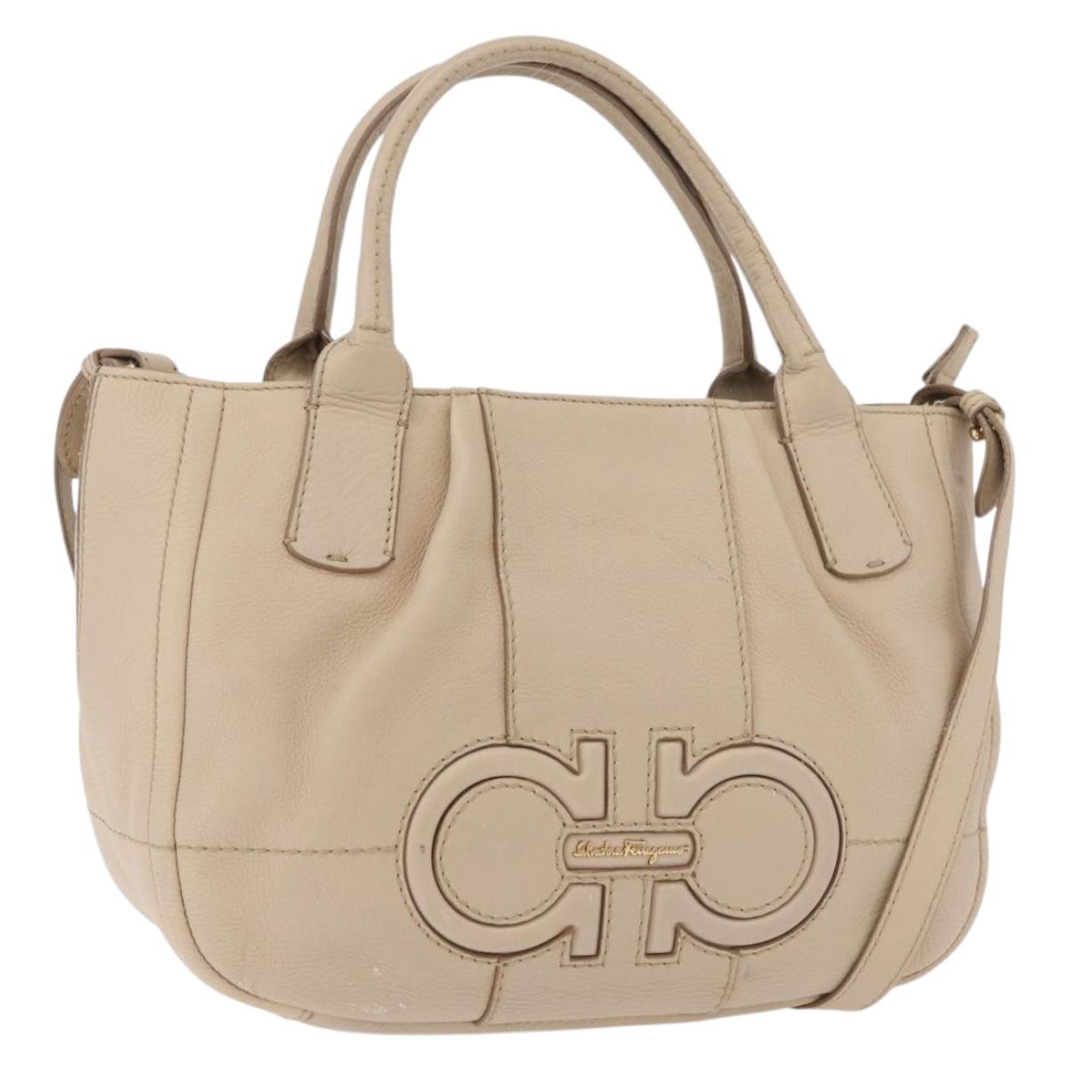 Salvatore Ferragamo Gancini Hand Bag Leather 2way Beige Gold Auth ka4190