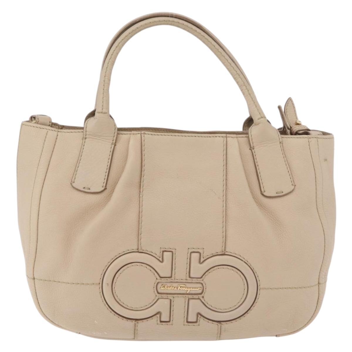Salvatore Ferragamo Gancini Hand Bag Leather 2way Beige Gold Auth ka4190