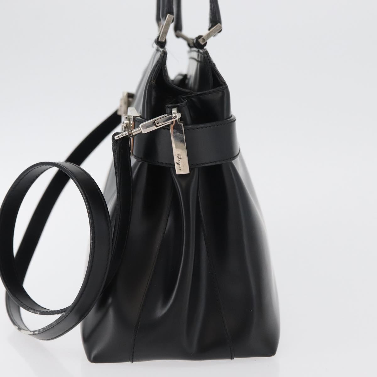 Salvatore Ferragamo Gancini Hand Bag Leather 2way Black Silver Auth ka4192