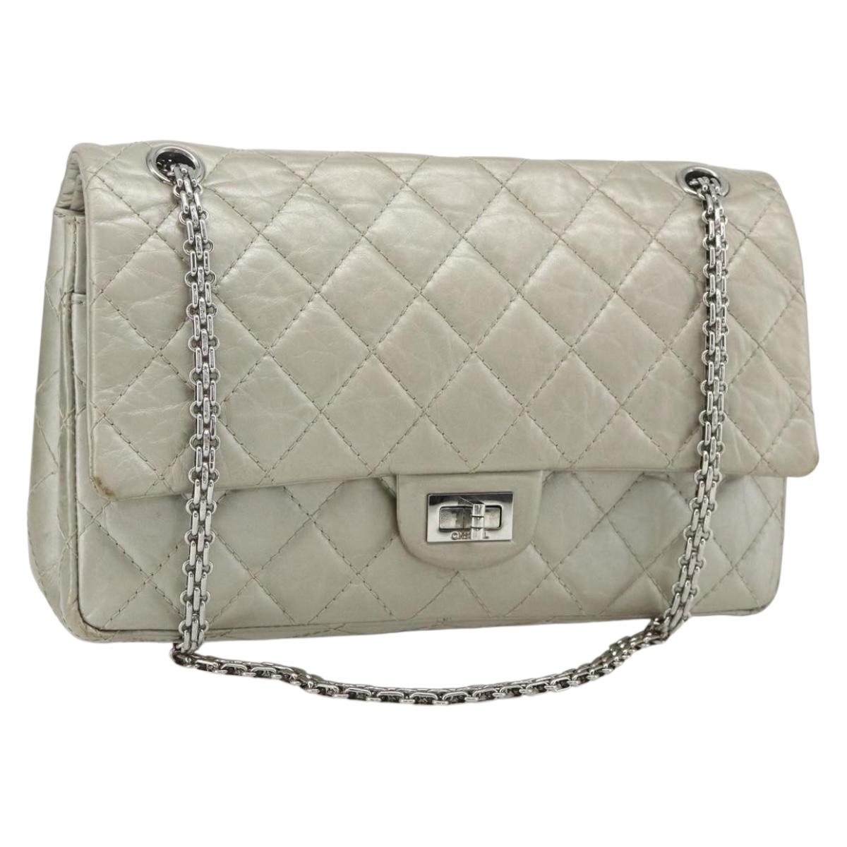CHANEL Chain Matelasse 2.55 Shoulder Bag Lamb Skin Silver CC Auth ka4200V