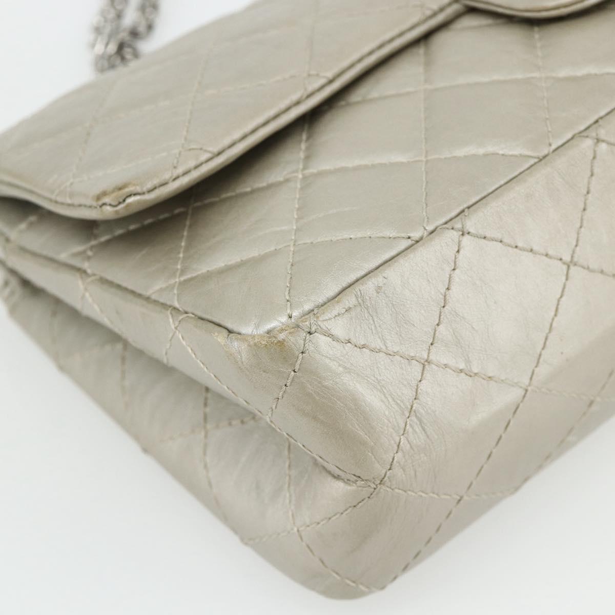 CHANEL Chain Matelasse 2.55 Shoulder Bag Lamb Skin Silver CC Auth ka4200V