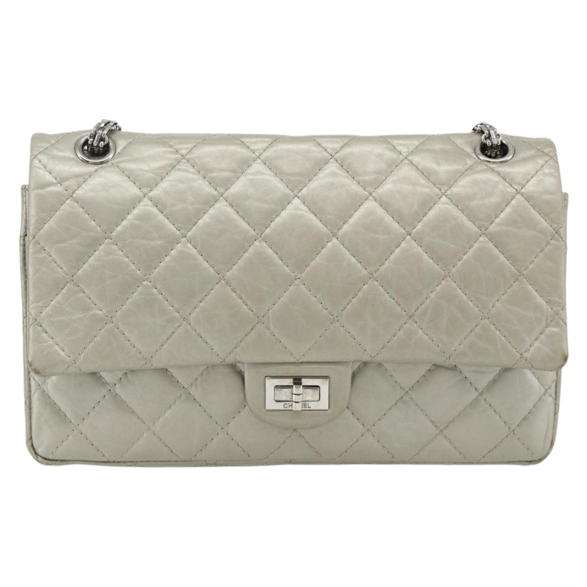 CHANEL Chain Matelasse 2.55 Shoulder Bag Lamb Skin Silver CC Auth ka4200V
