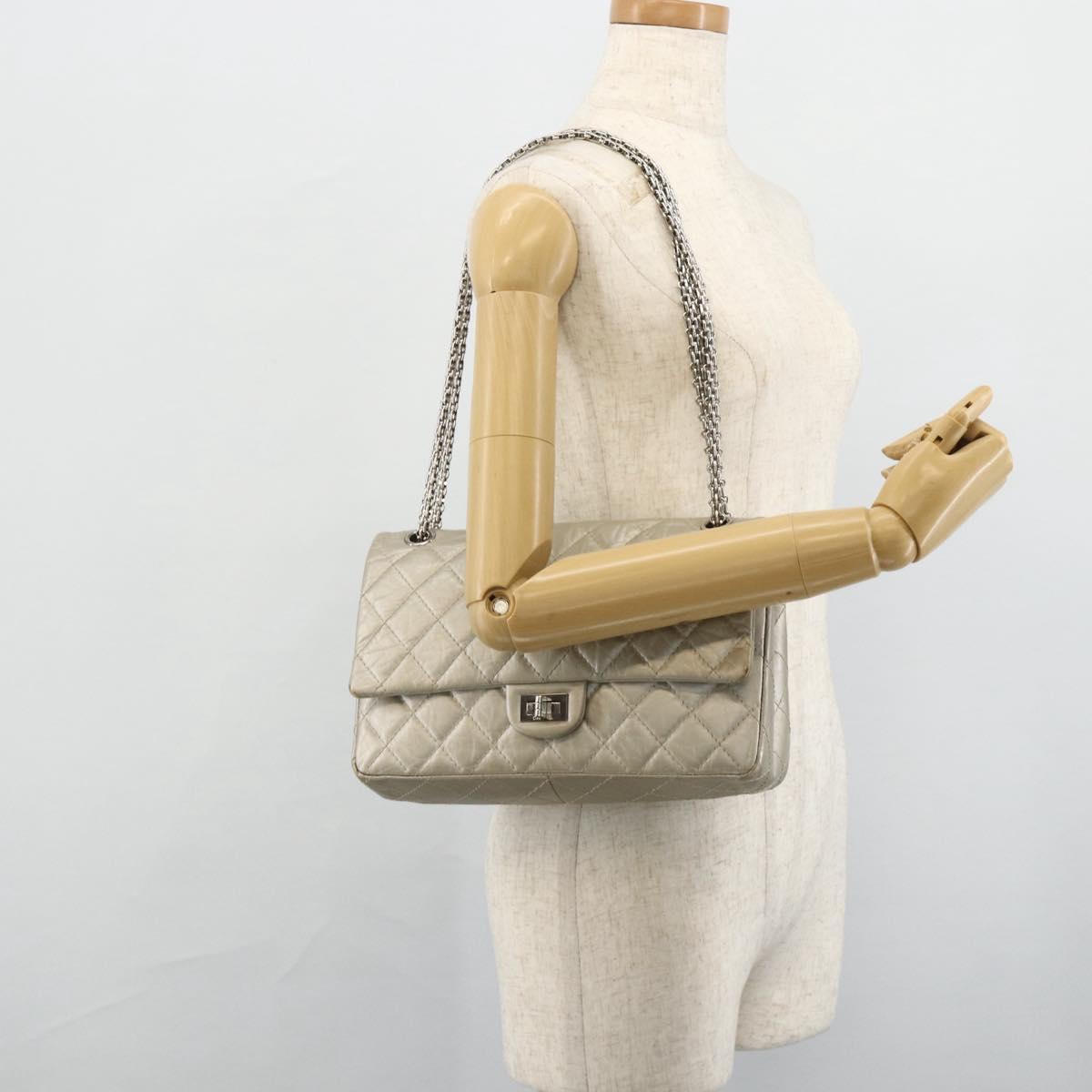 CHANEL Chain Matelasse 2.55 Shoulder Bag Lamb Skin Silver CC Auth ka4200V