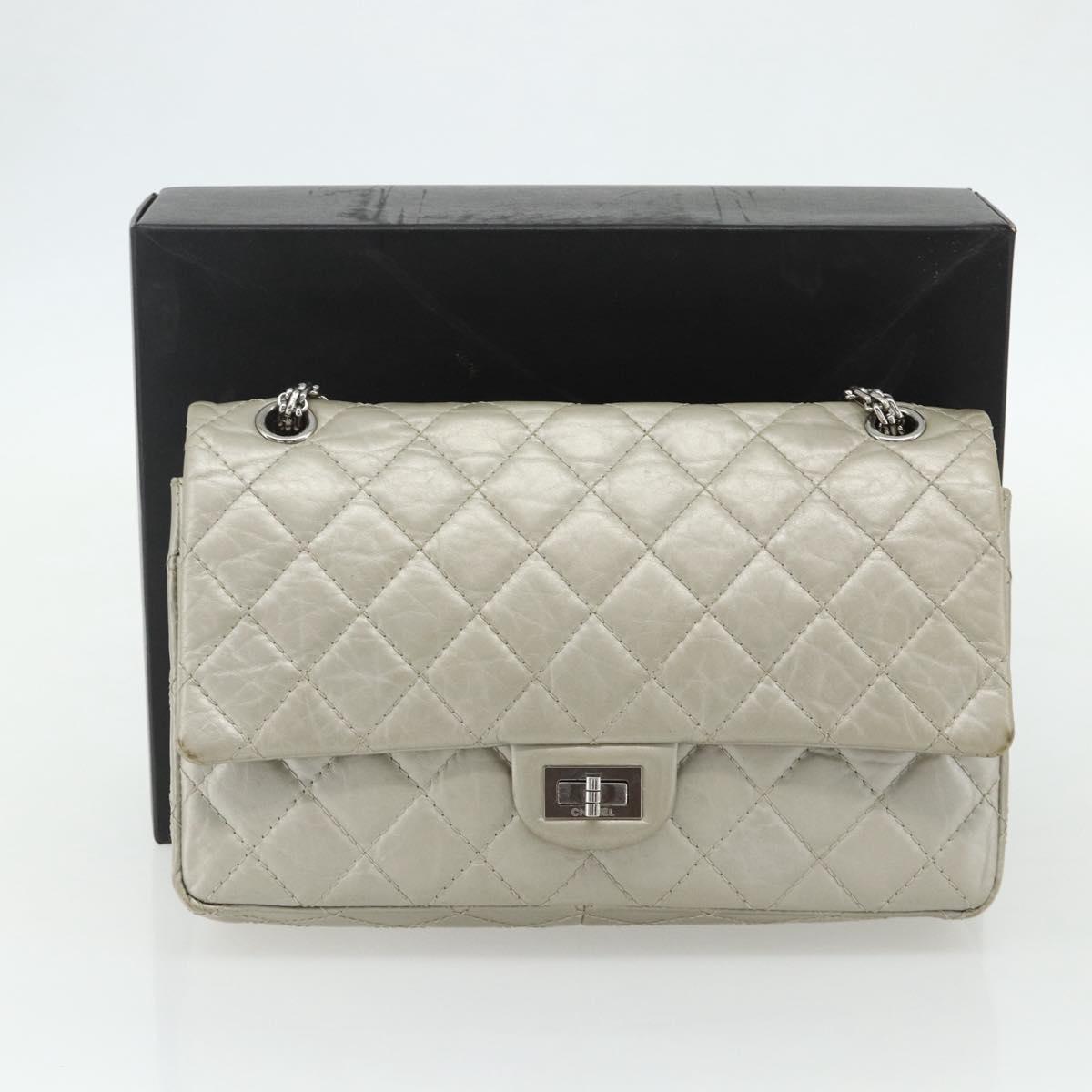 CHANEL Chain Matelasse 2.55 Shoulder Bag Lamb Skin Silver CC Auth ka4200V
