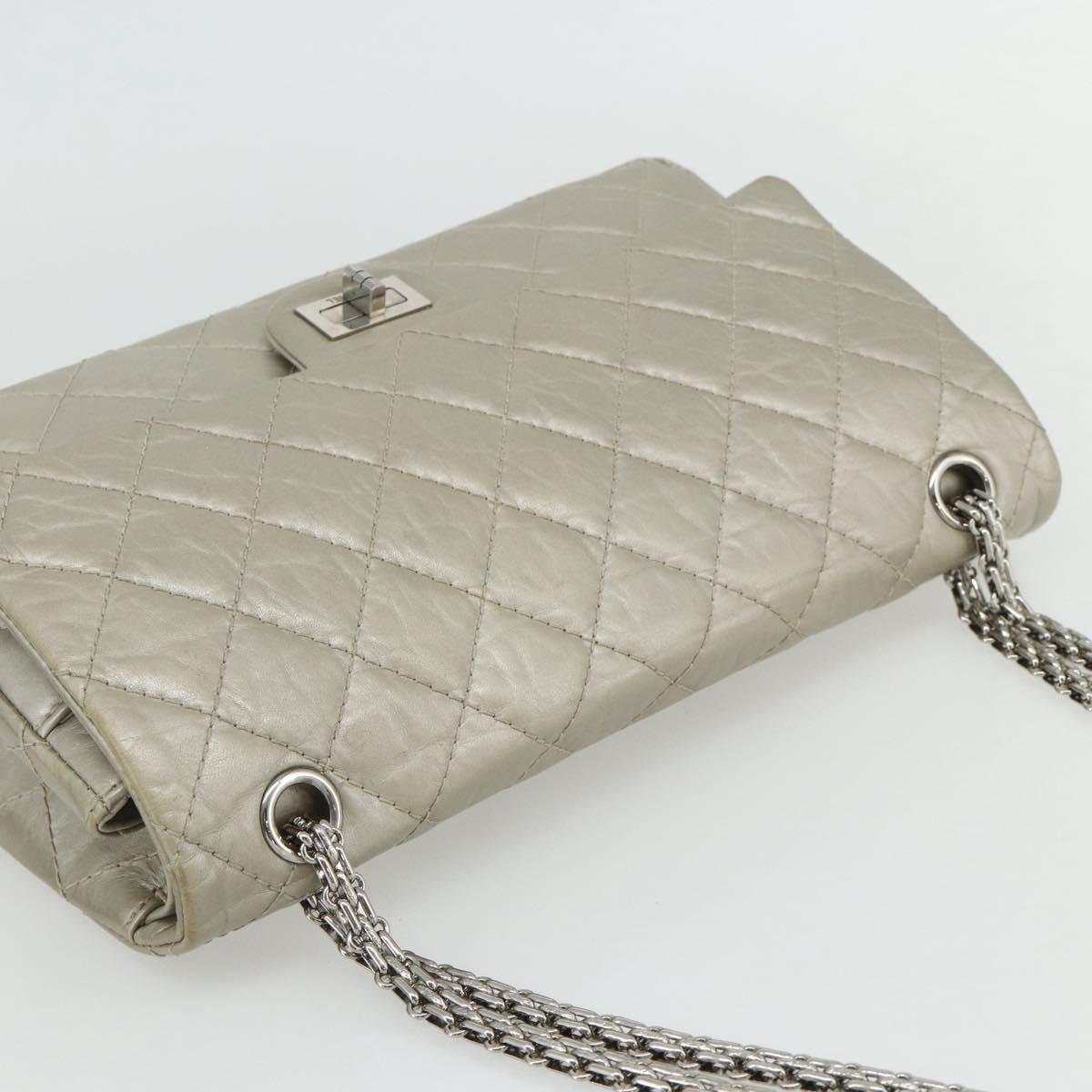 CHANEL Chain Matelasse 2.55 Shoulder Bag Lamb Skin Silver CC Auth ka4200V