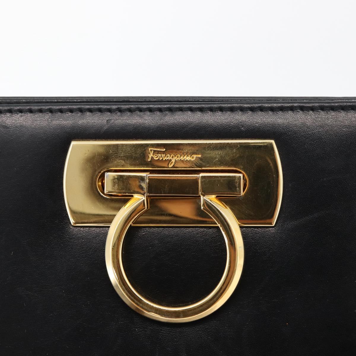 Salvatore Ferragamo Gancini Chain Shoulder Bag Leather Black Gold Auth ka4202