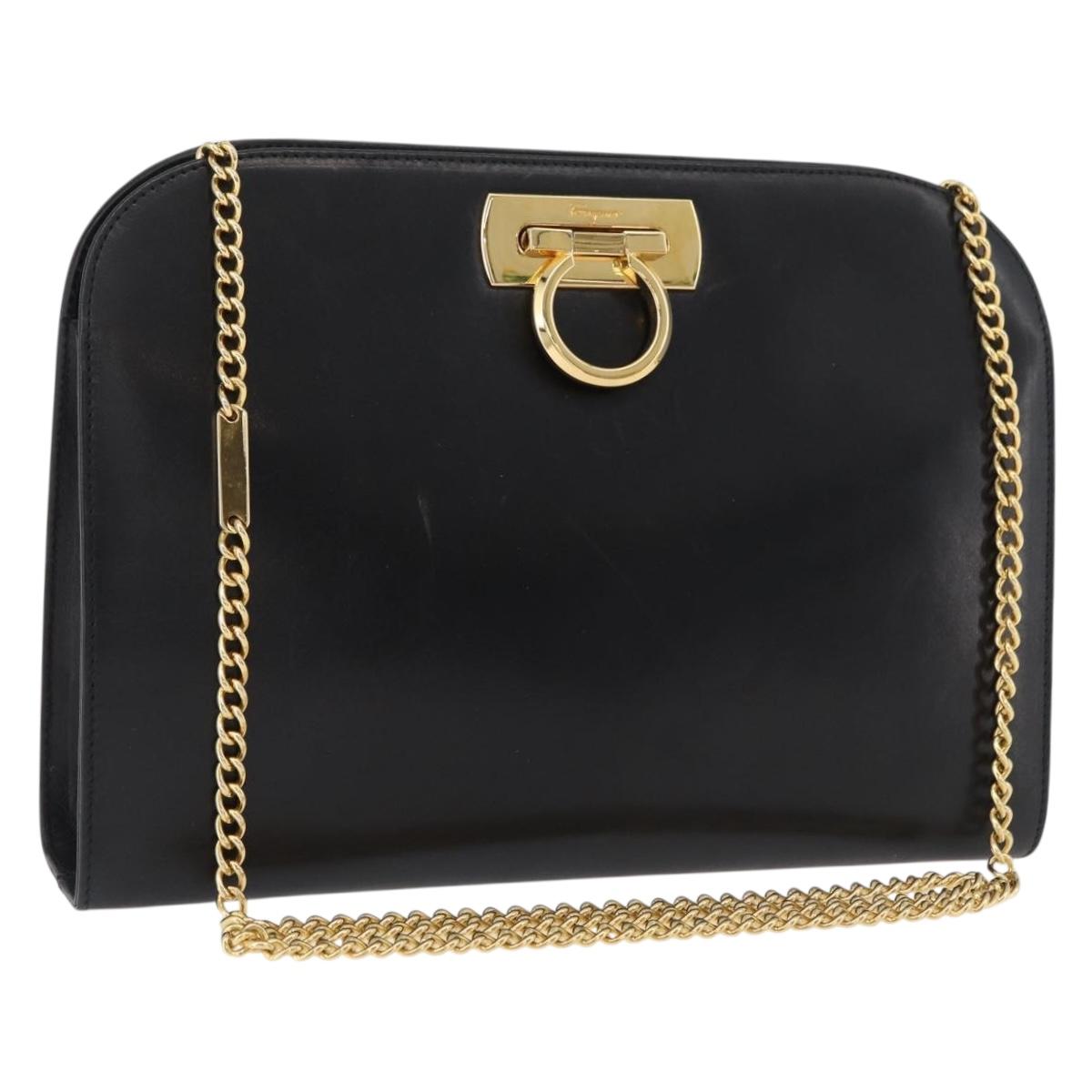 Salvatore Ferragamo Gancini Chain Shoulder Bag Leather Black Gold Auth ka4202