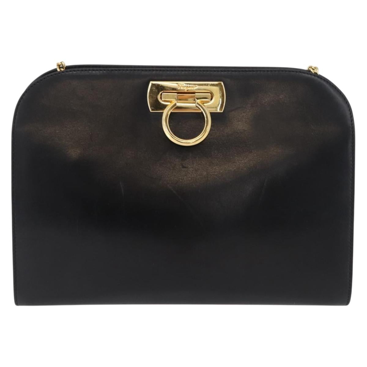 Salvatore Ferragamo Gancini Chain Shoulder Bag Leather Black Gold Auth ka4202