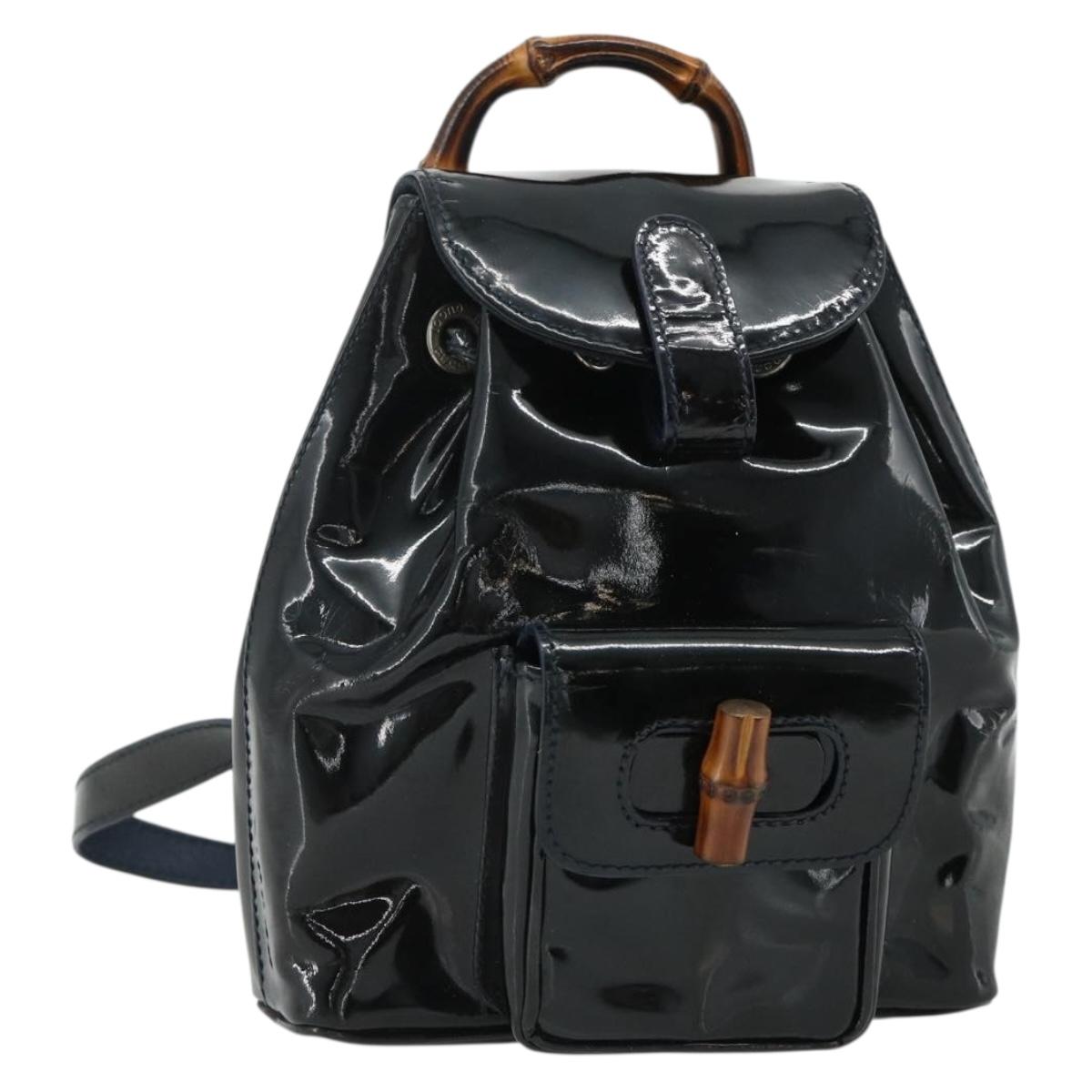 GUCCI Bamboo Backpack Patent leather Navy Silver 005 781 0319 Auth ka4216A