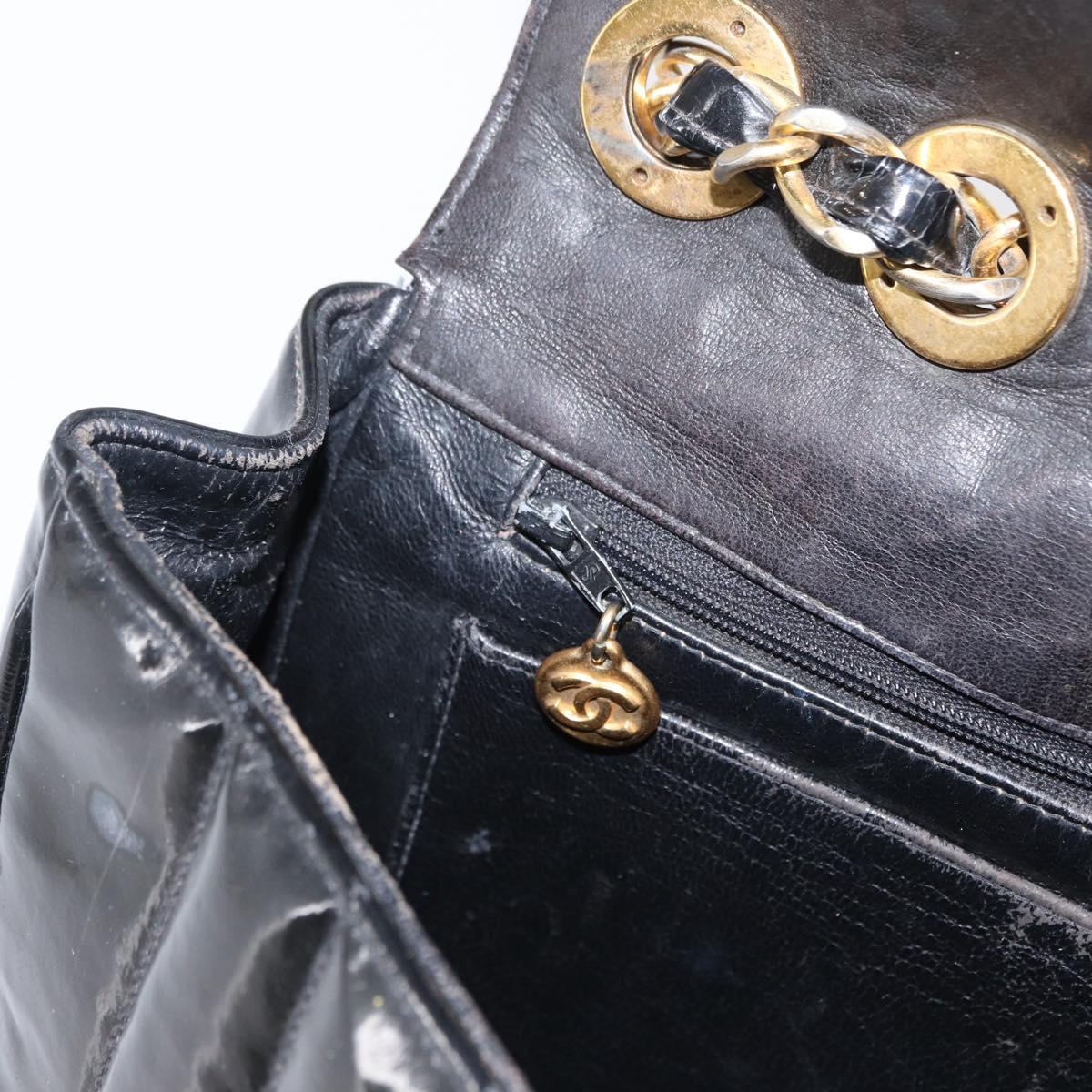 CHANEL Mademoiselle Chain Shoulder Bag Enamel Black Gold CC Auth ka422