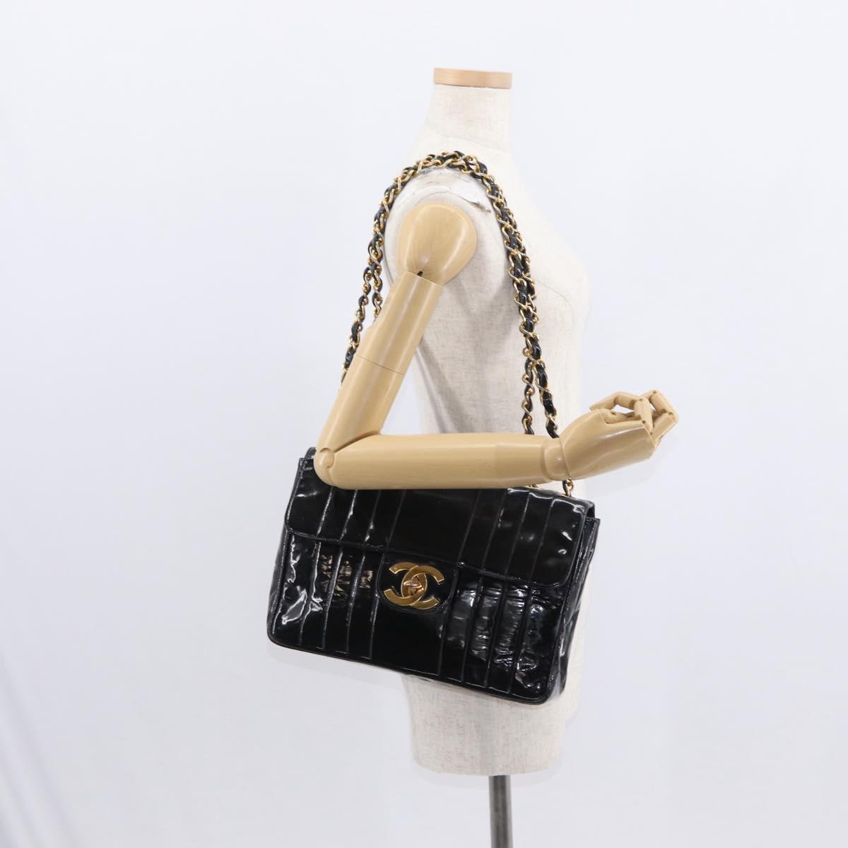CHANEL Mademoiselle Chain Shoulder Bag Enamel Black Gold CC Auth ka422