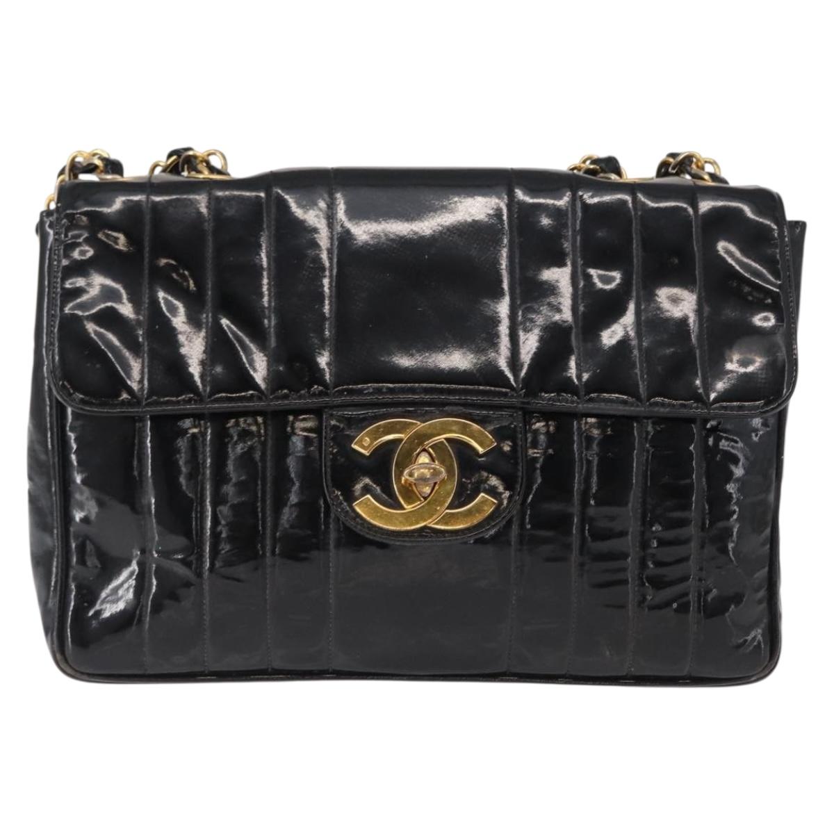 CHANEL Mademoiselle Chain Shoulder Bag Enamel Black Gold CC Auth ka422