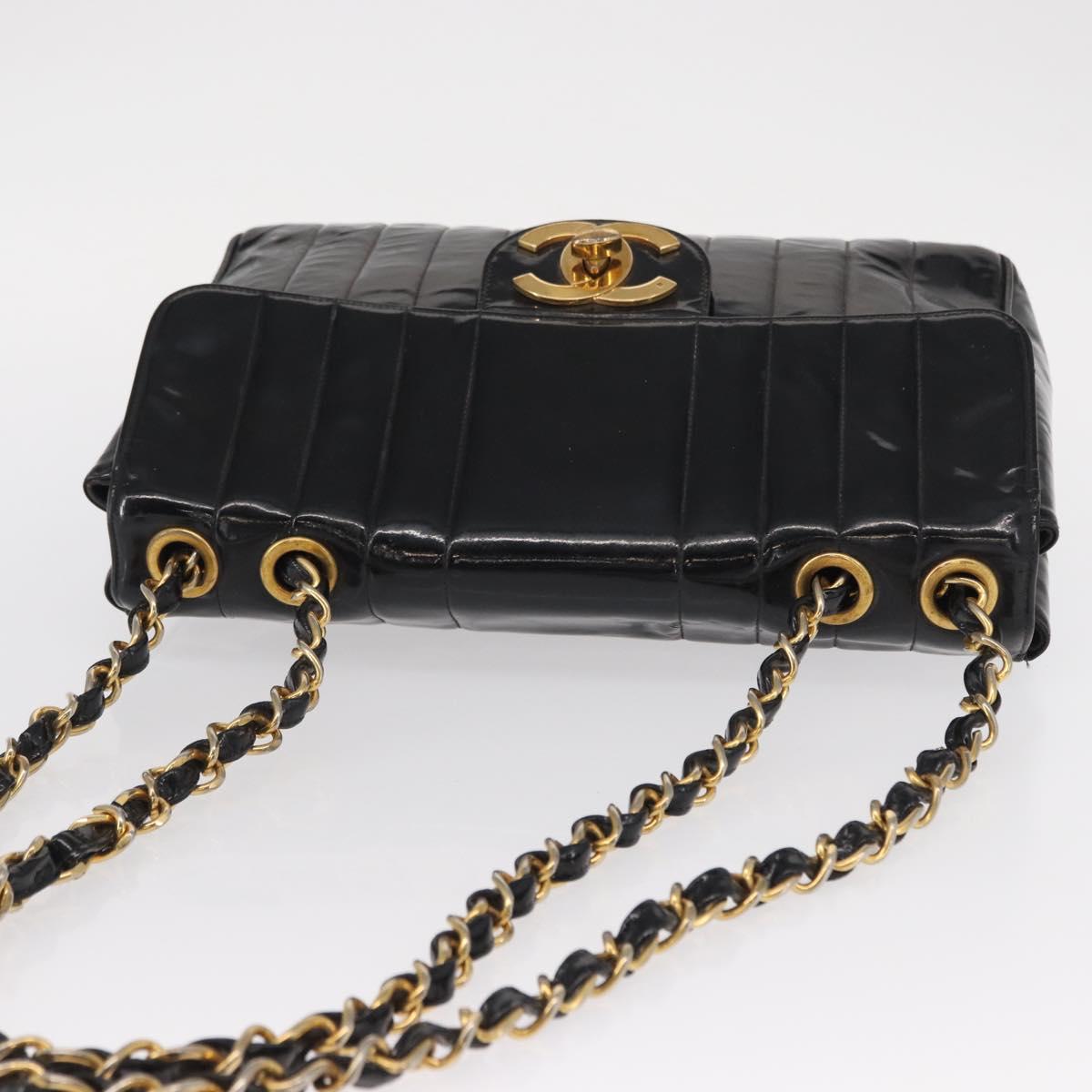 CHANEL Mademoiselle Chain Shoulder Bag Enamel Black Gold CC Auth ka422