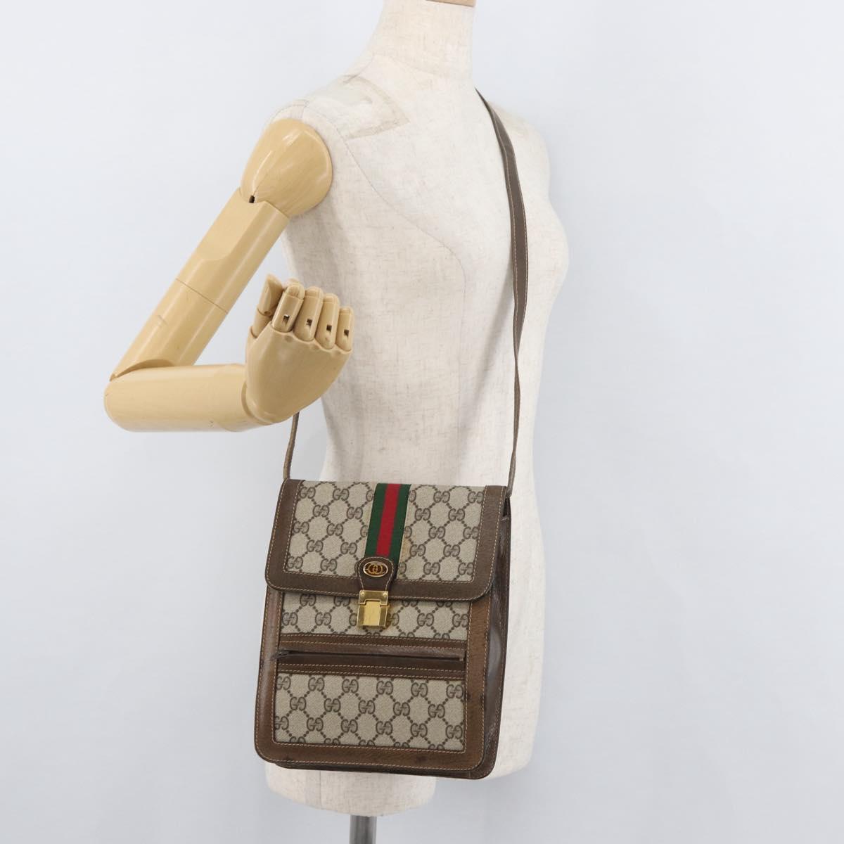 GUCCI GG Supreme Web Sherry Line Shoulder Bag PVC Beige Gold Red Auth ka4225