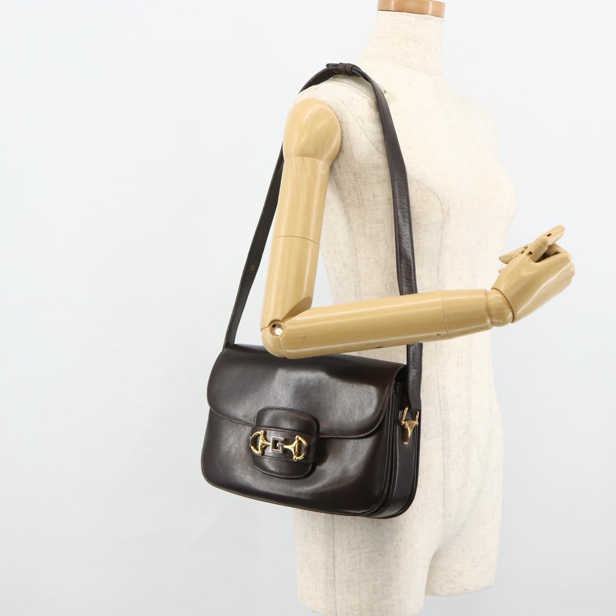 GUCCI Shoulder Bag Leather Brown Gold Auth ka4228A