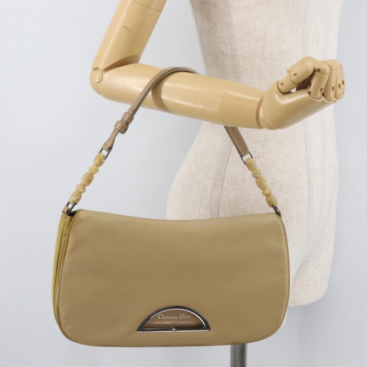 Christian Dior Maris Pearl Shoulder Bag Nylon Beige Silver Auth ka4231A