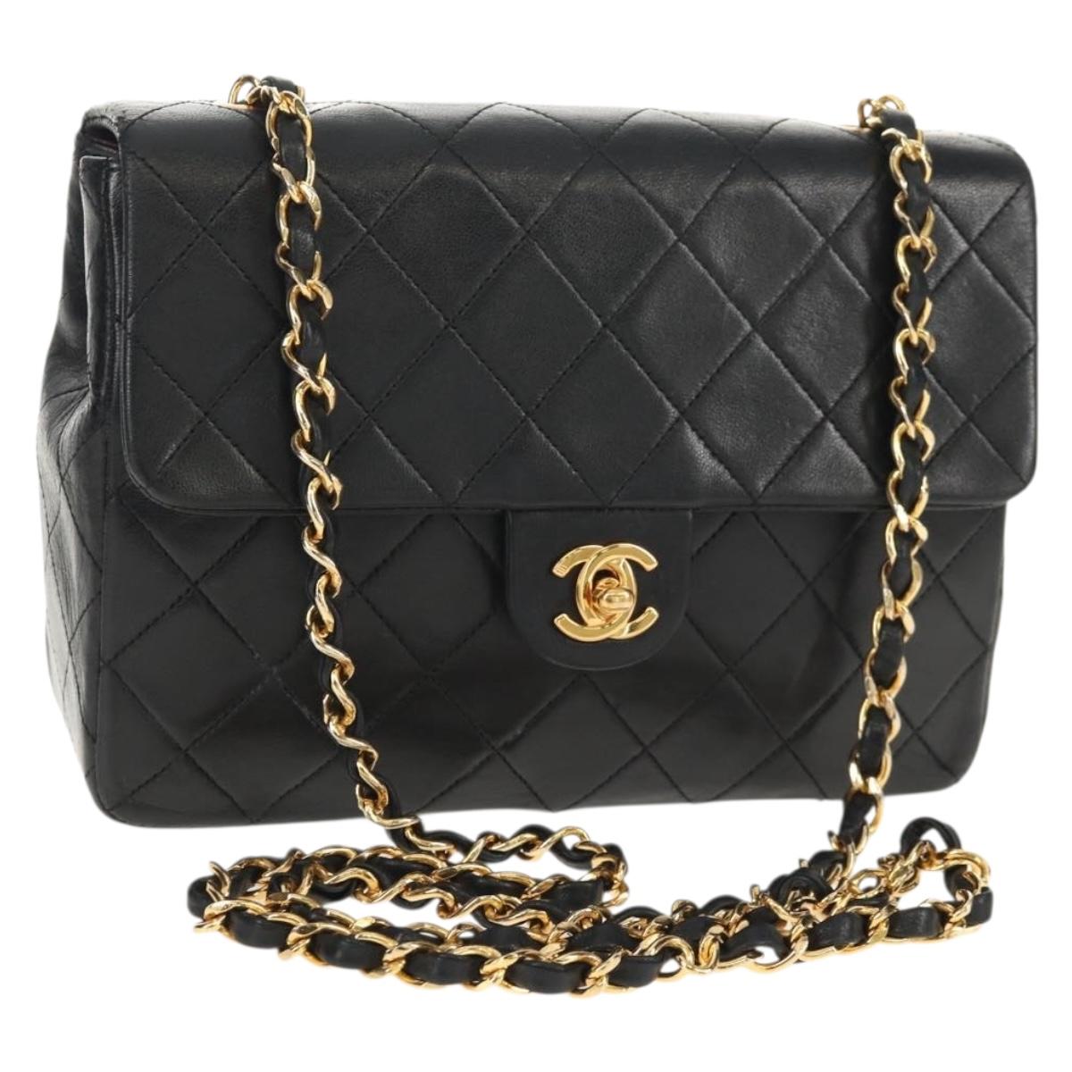 CHANEL Matelasse 20 Chain Shoulder Bag Lamb Skin Black Gold CC Auth ka423V
