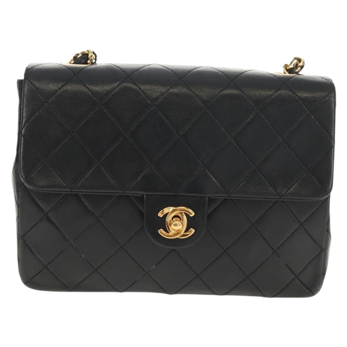 CHANEL Matelasse 20 Chain Shoulder Bag Lamb Skin Black Gold CC Auth ka423V