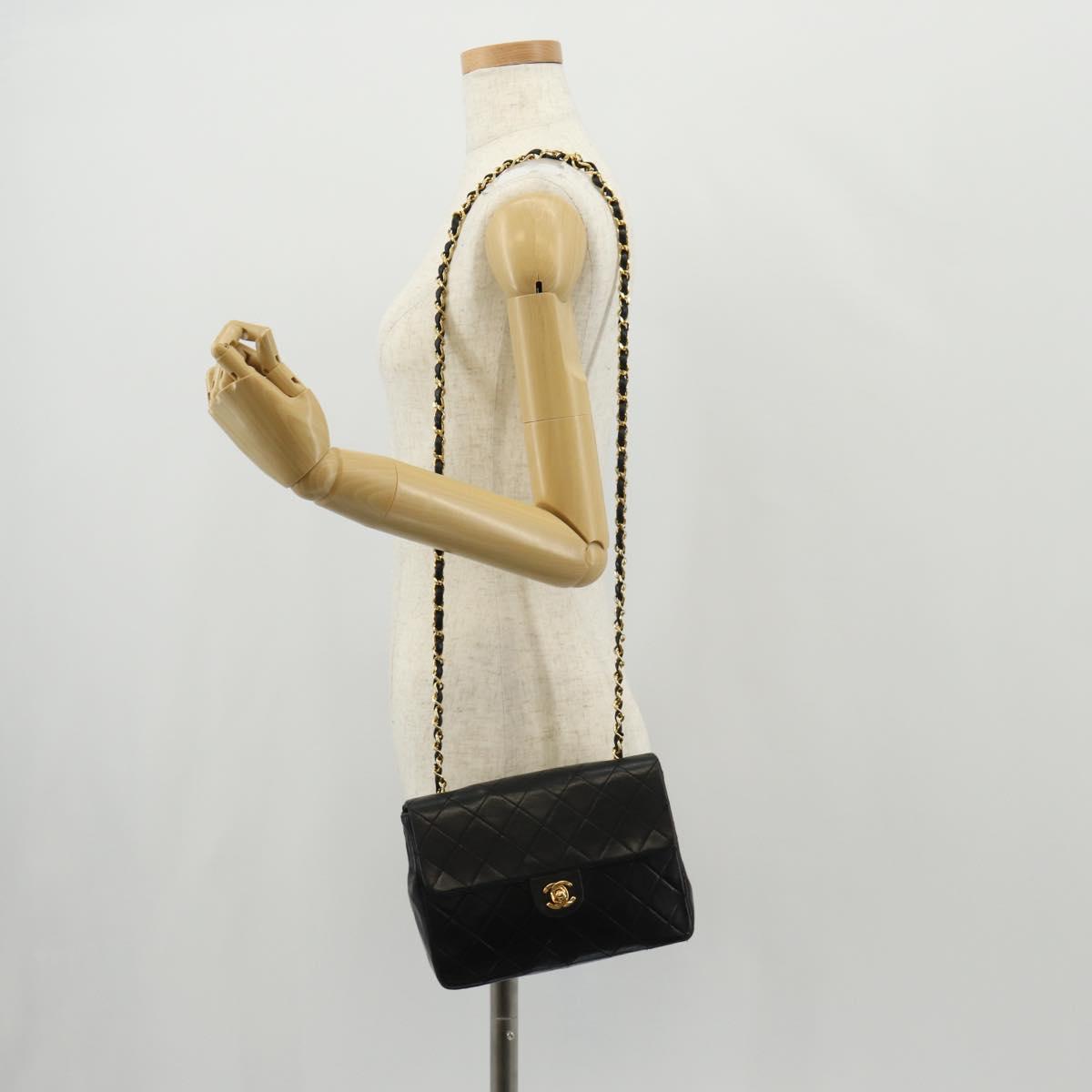 CHANEL Matelasse 20 Chain Shoulder Bag Lamb Skin Black Gold CC Auth ka423V