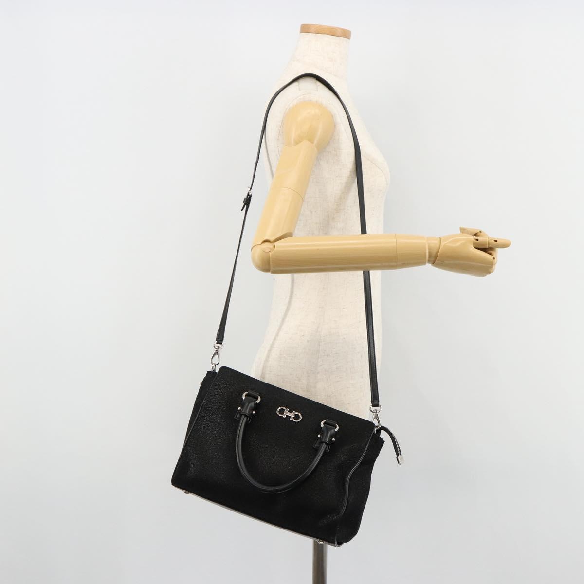 Salvatore Ferragamo Gancini Bag Canvas Leather 2way Black Silver Auth ka4262A