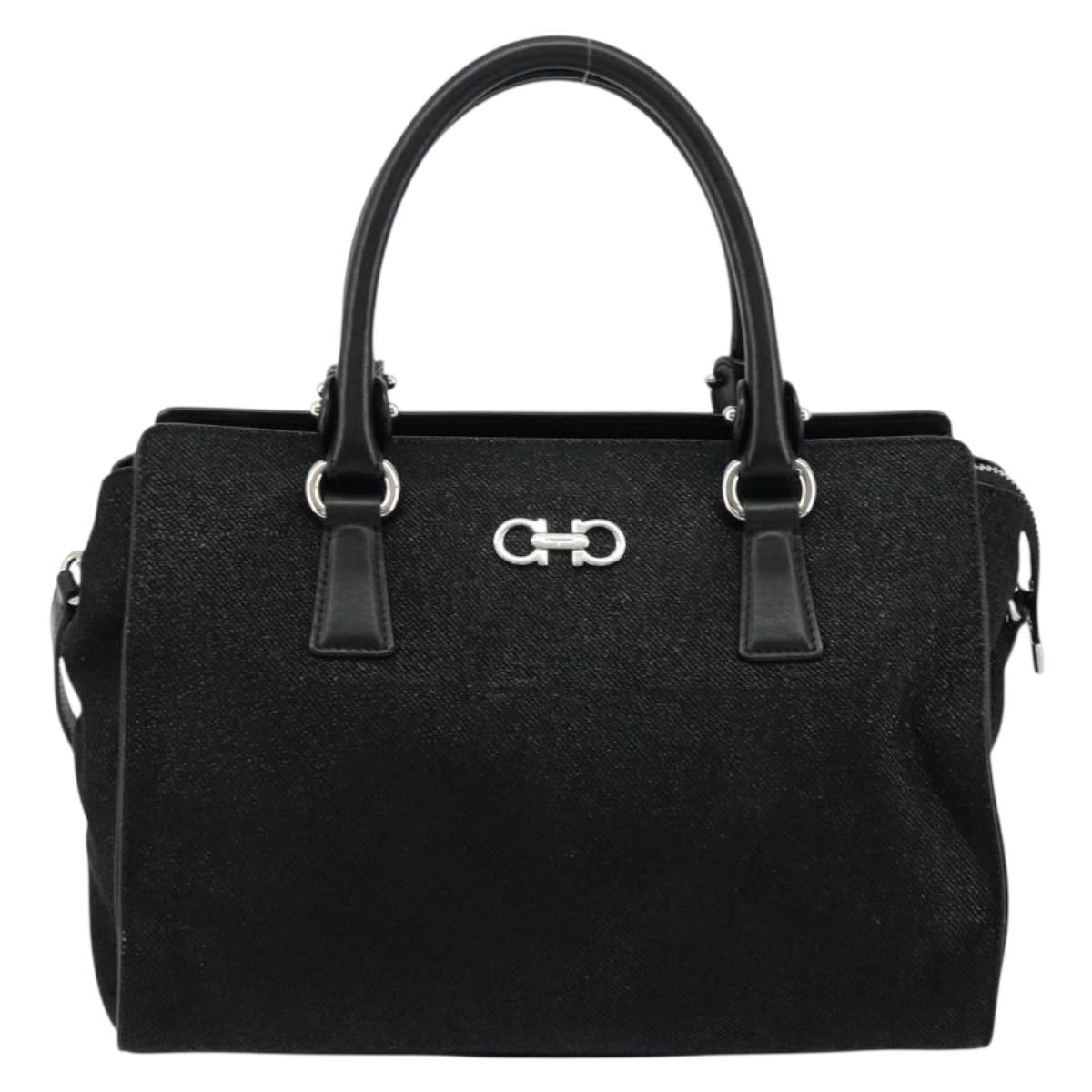 Salvatore Ferragamo Gancini Bag Canvas Leather 2way Black Silver Auth ka4262A